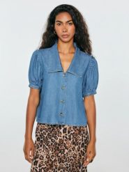 Bluzka damska jeansowa z ozdobnym kołnierzem niebieska jones 270. Niebieskie bluzki Big Star, l, bez wzorów, z denimu, eleganckie, bez kołnierzyka, bez ramiączek. Za 199.99 zł.