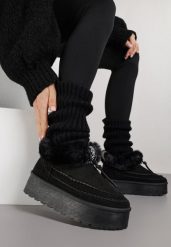 Czarne Śniegowce na Grubej Podeszwie z Ozdobnymi Przeszyciami i Futerkiem Lindera. Czarne trapery i śniegowce Born2be, z jeansu. Za 109.99 zł.