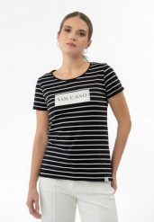 T-shirt w paski T-VIV. Brązowe t-shirty Volcano, s, bez wzorów, z bawełny, bez kołnierzyka, bez ramiączek. Za 59.99 zł.