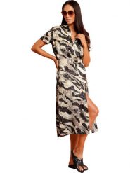 Heine Sukienka w kolorze beżowo-szarym rozmiar: 38. Brązowe sukienki Heine, na co dzień, bez wzorów, z tkaniny, bez kołnierzyka, bez ramiączek, midi, proste. Za 130.99 zł.