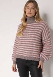 Szaro-Różowy Golf z Domieszką Wełny w Paski Monallia. Szare golfy Born2be, m, bez wzorów, z jeansu, bez ramiączek. Za 159.99 zł.