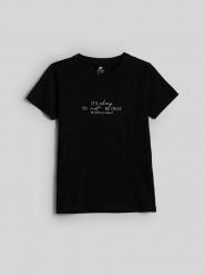 4F T-shirt slim z nadrukiem damski - czarny M. Czarne t-shirty 4f, m, bez wzorów, z bawełny, bez kołnierzyka, bez ramiączek. Za 59.99 zł.