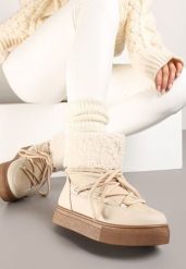 Beżowe Śniegowce na Grubej Podeszwie ze Sznurowaniem i Futerkiem Izantea. Brązowe trapery i śniegowce Born2be, z futra. Za 99.99 zł.