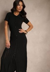 Czarna Wiskozowa Sukienka z Guzikami i Kołnierzykiem Zdobiona Koronką Alanella. Czarne sukienki Renee, na co dzień, z aplikacjami, z koronki, eleganckie, bez kołnierzyka, bez ramiączek, maxi, kopertowe. Za 149.99 zł.