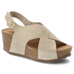 Sandały damskie Yokono, cholewka ze skóry naturalnej zapinane na rzep platforma z korkową podeszwą, beżowe, Bari-263. Brązowe sandały Yokono, bez wzorów, ze skóry, bez obcasa, na koturnie, bez zapięcia. Za 309.00 zł.