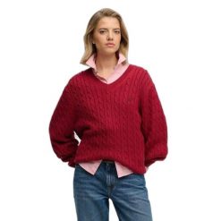 Damski oversize sweter z dekoltem w kształcie V Superdry. Brązowe swetry Superdry, na zimę, bez wzorów, bez ramiączek. Za 284.00 zł.