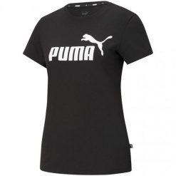 T-shirt Damski Logo ESS. Czarne t-shirty Puma, bez wzorów, bez kołnierzyka, bez ramiączek. Za 120.99 zł.