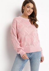 Różowy Sweter w Serca o Klasycznym Fasonie ze Ściągaczami Biriet. Czerwone swetry Born2be, m, bez wzorów, z bawełny, bez ramiączek. Za 89.99 zł.