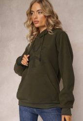 Ciemnozielona Dzianinowa Bluza z Nadrukiem i Kapturem Nehret. Zielone bluzy Renee, l, z aplikacjami, z dzianiny, z kapturem. Za 79.99 zł.