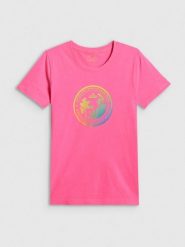 4F T-shirt regular z nadrukiem damski - różowy XS. Czerwone t-shirty 4f, xs, bez wzorów, z bawełny, bez kołnierzyka, bez ramiączek. Za 59.99 zł.