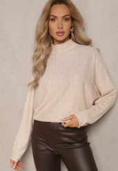 Beżowy Golf o Kroju Oversize z Eleganckim Cyrkoniowym Zdobieniem przy Dekolcie Melirra. Brązowe golfy Renee, z aplikacjami, bez ramiączek. Za 84.99 zł.