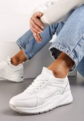 Białe Sznurowane Sneakersy na Grubej Podeszwie z Błyszczącymi Wstawkami Nithirela. Białe obuwie sportowe Renee, bez zapięcia. Za 99.99 zł.