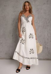 Biała Sukienka Boho z Dodatkiem Lnu o Rozkloszowanym Kroju z Frędzlami i Falbaną Ocaline. Białe sukienki Renee, na lato, m, z aplikacjami, z wiskozy, boho, bez kołnierzyka, bez ramiączek, maxi, rozkloszowane. Za 149.99 zł.