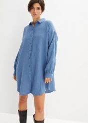 Długa bluzka muślinowa oversize z czystej bawełny. Niebieskie bluzki bonprix, bez wzorów, z bawełny, bez kołnierzyka, bez ramiączek. Za 124.99 zł.
