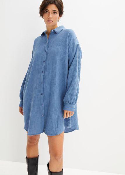 Bluzka muślinowa z czystej bawełny. Niebieskie bluzki bonprix, bez wzorów, z bawełny, bez kołnierzyka, bez ramiączek. Za 124.99 zł.