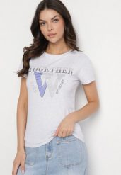 Jasnoszary T-shirt z Bawełny Ozdobiony Napisem i Cyrkoniami Raltebis. Szare t-shirty Born2be, m, bez wzorów, z bawełny, bez kołnierzyka, bez ramiączek. Za 34.99 zł.