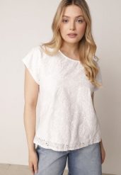 Biała Bluzka Bawełniana z Ażurowymi Wycięciami Ryrlea. Białe bluzki Born2be, l, z aplikacjami, z bawełny, klasyczne, bez kołnierzyka, bez ramiączek. Za 69.99 zł.