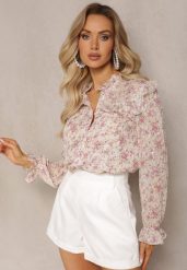Jasnobeżowa Koszula w Kwiaty ze Stójką Falbankami i Połyskującym Zdobieniem Blemia. Brązowe koszule Renee, l, z aplikacjami, eleganckie, bez kołnierzyka, bez ramiączek. Za 89.99 zł.