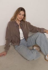 Beżowa Bawełniana Bluza Bomberka o Kroju Oversize z Kołnierzem Viminala. Brązowe bluzy Born2be, m, bez wzorów, z bawełny, bez kaptura. Za 149.99 zł.