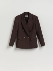 Dwurzędowa marynarka - ciemnobrązowy. Brązowe marynarki i żakiety Reserved, l, bez wzorów, z tkaniny. Za 229.99 zł.