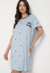 Niebieska Koszula Nocna z Bawełną w Kropki z Napisem Firasine. Niebieskie koszule nocne Born2be, l, bez wzorów, z bawełny, eleganckie, bez ramiączek. Za 39.99 zł.
