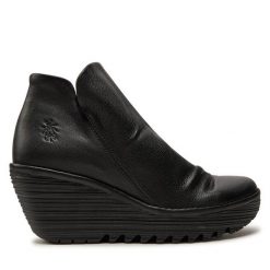 Botki Fly London. Czarne botki Fly London, bez wzorów, bez obcasa, na koturnie, bez zapięcia. Za 649.99 zł.