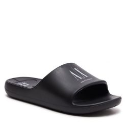 Klapki Armani Exchange. Czarne klapki Armani Exchange, bez wzorów, bez obcasa. Za 179.99 zł.