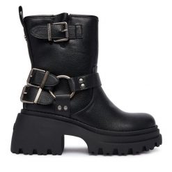 Botki Buffalo. Czarne botki Buffalo, bez wzorów, bez obcasa, na słupku, bez zapięcia. Za 399.99 zł.
