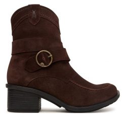 Botki Fly London. Brązowe botki Fly London, bez wzorów, bez obcasa, na słupku, bez zapięcia. Za 794.99 zł.
