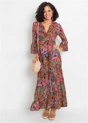 Długa sukienka z lejącej wiskozy. Zielone sukienki bonprix, na lato, bez wzorów, z wiskozy, bez kołnierzyka, bez ramiączek, maxi. Za 169.99 zł.