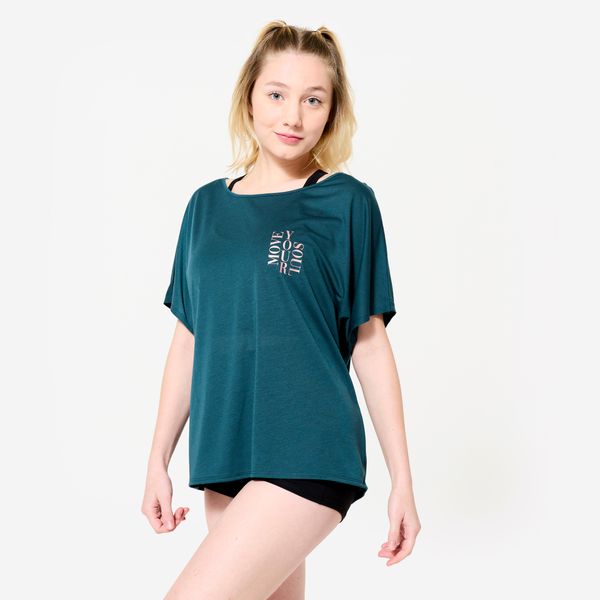 Koszulka z krótkim rękawem do tańca nowoczesnego damska Starever. Niebieskie bluzki DOMYOS, xs, bez wzorów, z lyocellu, eleganckie, bez kołnierzyka, bez ramiączek. Za 64.99 zł.