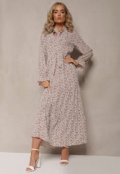 Brązowo-Biała Sukienka Pherone. Białe sukienki Renee, l, z aplikacjami, z zamszu, eleganckie, bez kołnierzyka, bez ramiączek, maxi, rozkloszowane. Za 69.99 zł.