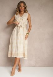 Beżowa Koszulowa Sukienka z Wiskozy Ozdobiona Paskiem i Haftami Aralova. Brązowe sukienki Renee, na co dzień, l, bez wzorów, z wiskozy, eleganckie, bez kołnierzyka, bez ramiączek, midi, koszulowe. Za 119.99 zł.