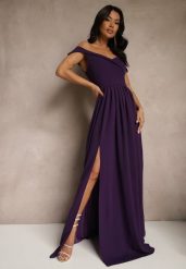 Fioletowa Elegancka Długa Sukienka Hiszpanka Wykończona Rozcięciem na Dole Idelia. Fioletowe sukienki Renee, na lato, l, bez wzorów, z materiału, eleganckie, bez kołnierzyka, bez ramiączek, maxi. Za 159.99 zł.