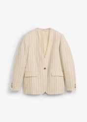 Żakiet bez kołnierzyka, z czystego lnu. Brązowe marynarki i żakiety bonprix, bez wzorów, eleganckie. Za 129.99 zł.