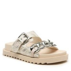 Klapki Guess. Brązowe klapki Guess, z aplikacjami, bez obcasa. Za 269.99 zł.