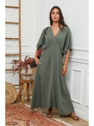 La Compagnie Du Lin Lniana sukienka w kolorze khaki rozmiar: XL. Brązowe sukienki La Compagnie Du Lin, xl, bez wzorów, ze lnu, bez kołnierzyka, bez ramiączek, maxi. Za 196.70 zł.