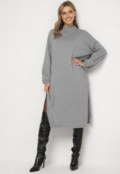 Szara Pudełkowa Sukienka z Wiskozą Ozdobiona Metaliczną Nicią Arfalea. Szare sukienki Born2be, na co dzień, bez wzorów, z jeansu, eleganckie, bez kołnierzyka, bez ramiączek, midi, proste. Za 119.99 zł.