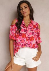 Fuksjowa Koszula Open Shoulder w Kwiatowy Print Veconda. Czerwone koszule Renee, xl, bez wzorów, bez kołnierzyka, bez ramiączek. Za 69.99 zł.