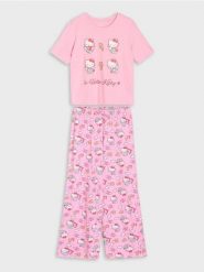 Bawełniana piżama dwuczęściowa z nadrukiem Hello Kitty - różowy. Czerwone piżamy Sinsay, bez wzorów, z bawełny, bez ramiączek. Za 59.99 zł.