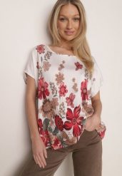 Czerwona Wiskozowa Bluzka w Kwiaty Talina. Czerwone bluzki Born2be, l, bez wzorów, z jeansu, eleganckie, bez kołnierzyka, bez ramiączek. Za 49.99 zł.