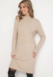 Beżowa Sweterkowa Sukienka z Modalem i Wiskozą Ozdobiona Guzikami Hesalttia. Brązowe sukienki Born2be, na co dzień, xl, bez wzorów, z wiskozy, eleganckie, bez kołnierzyka, bez ramiączek, midi, proste. Za 109.99 zł.
