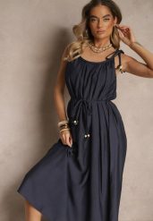 Granatowa Wiskozowa Sukienka Boho na Wiązanych Ramiączkach z Paskiem z Plecionki Miratera. Niebieskie sukienki Renee, na co dzień, m, bez wzorów, z materiału, boho, bez kołnierzyka, bez ramiączek, maxi. Za 109.99 zł.