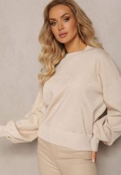 Beżowy Klasyczny Sweter z Metaliczną Nitką i Napisem Actylia. Brązowe swetry Renee, na jesień, bez wzorów, bez ramiączek. Za 119.99 zł.