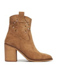 DeeZee Botki 220565-1 Brązowy. Brązowe botki DeeZee, bez wzorów, z materiału, bez obcasa, na słupku, bez zapięcia. Za 169.99 zł.