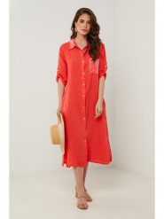 Rodier Lin Lniana sukienka w kolorze koralowym rozmiar: XL/XXL. Czerwone sukienki Rodier Lin, xl, bez wzorów, ze lnu, bez kołnierzyka, bez ramiączek, midi. Za 255.95 zł.