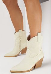 Beżowe Botki Kowbojki na Słupku z Przeszyciami Fiberia. Brązowe botki Born2be, bez wzorów, bez obcasa, na obcasie, bez zapięcia. Za 149.99 zł.