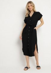 Czarna Wiskozowa Rozkloszowana Sukienka Koszulowa z Materiałowym Paskiem Katessae. Czarne sukienki Born2be, na co dzień, na lato, l, bez wzorów, z materiału, eleganckie, bez kołnierzyka, bez ramiączek, midi, koszulowe. Za 109.99 zł.