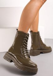 Zielone Botki Workery z Lakierowaną Cholewką Nouria. Zielone botki Renee, bez wzorów, z jeansu, bez obcasa, na obcasie, bez zapięcia. Za 99.99 zł.