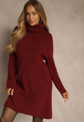 Bordowa Sweterkowa Sukienka Golf z Wełną i Wiskozą Fedorina. Czerwone sukienki Renee, na co dzień, bez wzorów, z wełny, bez kołnierzyka, bez ramiączek, midi, oversize. Za 179.99 zł.